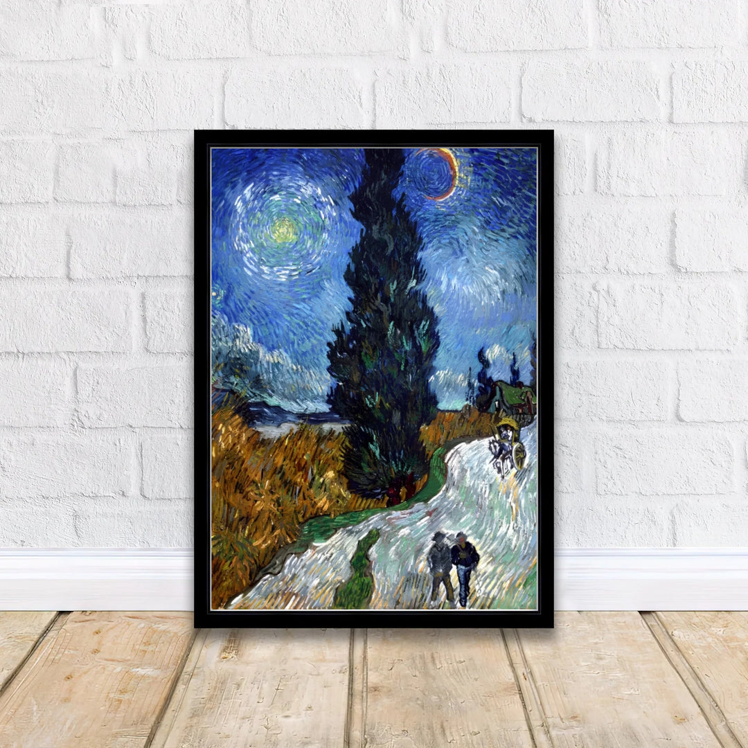 Vintage French rural landscape print of Vincent van Gogh Country Road in Provence by Night 1890 capturing nocturnal countryside life in Saint-Rémy-de-Provence France. Discover custom framed prints, unframed poster options, and stretched canvas wall decor at MapYourDreams for art collections.