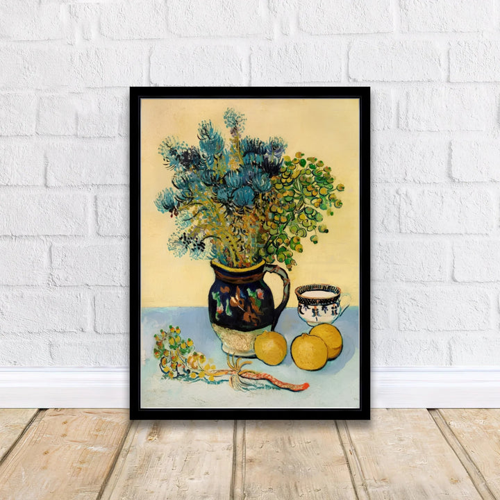 French Post-Impressionism fine art poster of Vincent van Gogh Majolica Jar Wildflowers 1888 illustrating blue thistles in Arles France. MapYourDreams delivers archival framed wall art, unframed paper prints, and gallery canvas wall decor for stylish home interiors.