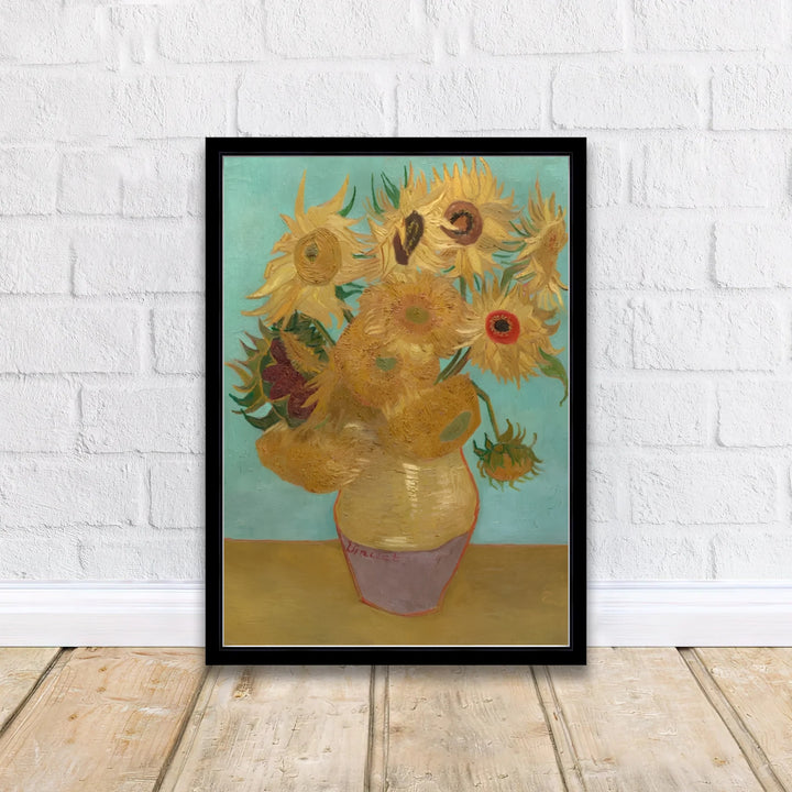 Vintage French botanical still life print of Vincent van Gogh Sunflowers on Blue 1888 capturing golden blossoms in Arles France. Discover custom framed prints, unframed poster options, and stretched canvas wall decor at MapYourDreams for your home art display.