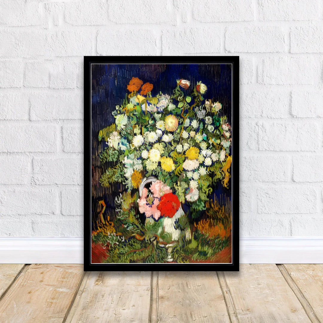 French Post-Impressionism fine art poster of Vincent van Gogh Vase With Flowers 1890 illustrating colorful petals in Auvers-sur-Oise France. MapYourDreams delivers archival framed wall art, unframed paper prints, and gallery canvas wall decor for stylish home interiors.
