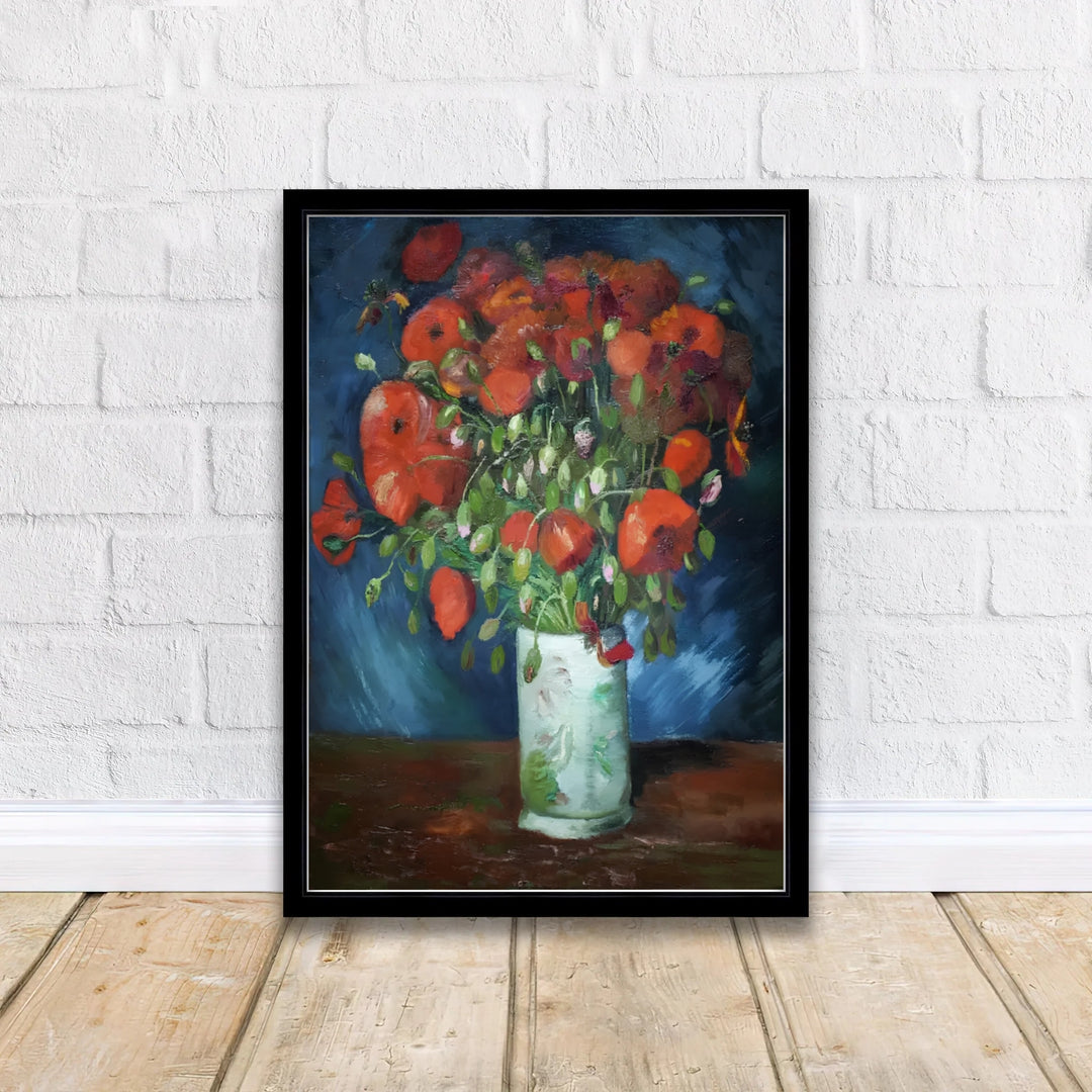 Expressive floral still life print of Vincent van Gogh Vase With Red Poppies 1886 painted in Paris France on a swirling dark backdrop. Shop high-definition framed prints, unframed paper posters, and stretched canvas options directly at MapYourDreams for timeless arrangements.