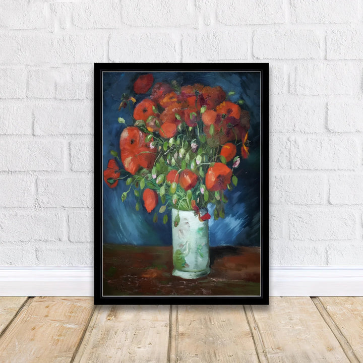 Expressive floral still life print of Vincent van Gogh Vase With Red Poppies 1886 painted in Paris France on a swirling dark backdrop. Shop high-definition framed prints, unframed paper posters, and stretched canvas options directly at MapYourDreams for timeless arrangements.