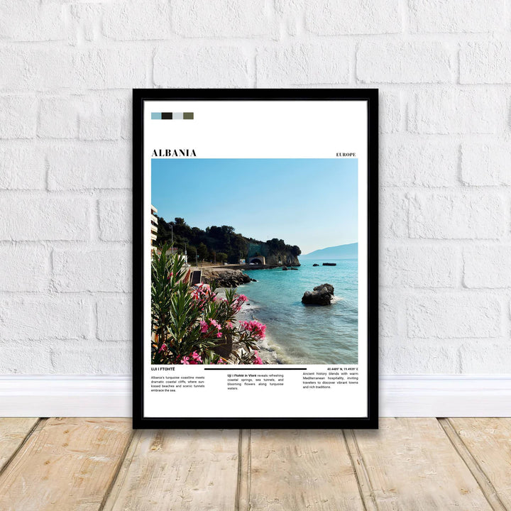 Crisp photographic clarity and refreshing turquoise color gradients capture the natural beauty of the Vlorë coast, balanced by elegant white borders and typography. Offered by MapYourDreams printed on archival matte paper with options for custom frames or canvas wraps to complete your gallery wall.