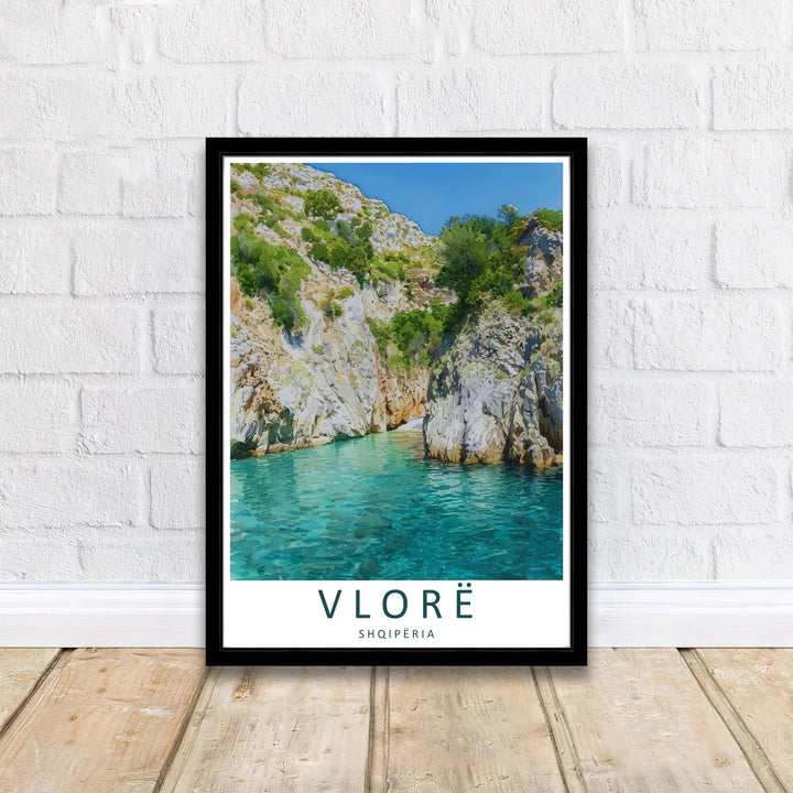 Crisp graphic linework and vibrant daytime color gradients capture the natural topography of the southern Albanian coast, balanced by bright azure skies and water clarity. Offered by MapYourDreams printed on archival matte paper with options for custom frames or canvas wraps to complete your gallery wall.