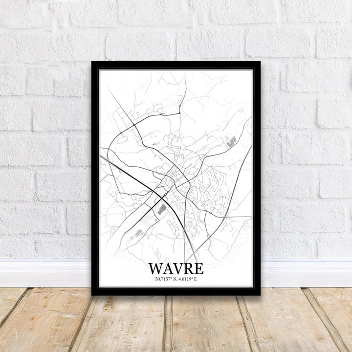 Stylish graphic street map poster of Wavre, Belgium, featuring classic bold typography paired with precise latitude and longitude coordinates. Offered by MapYourDreams, this artwork is available in flexible options including unframed paper, custom wooden frames, and gallery canvas wraps.