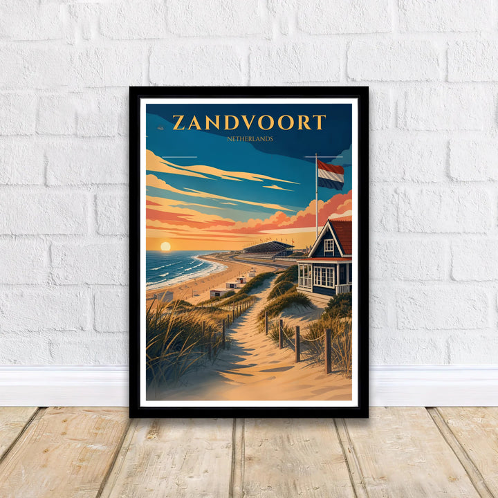 Vintage seaside art print featuring sandy dune fencing leading toward a blue pavilion and ocean sunset in Zandvoort Netherlands, created by MapYourDreams with selections including fine art unframed paper prints, gallery stretched canvas art, or custom frame choices for dramatic decor setups.