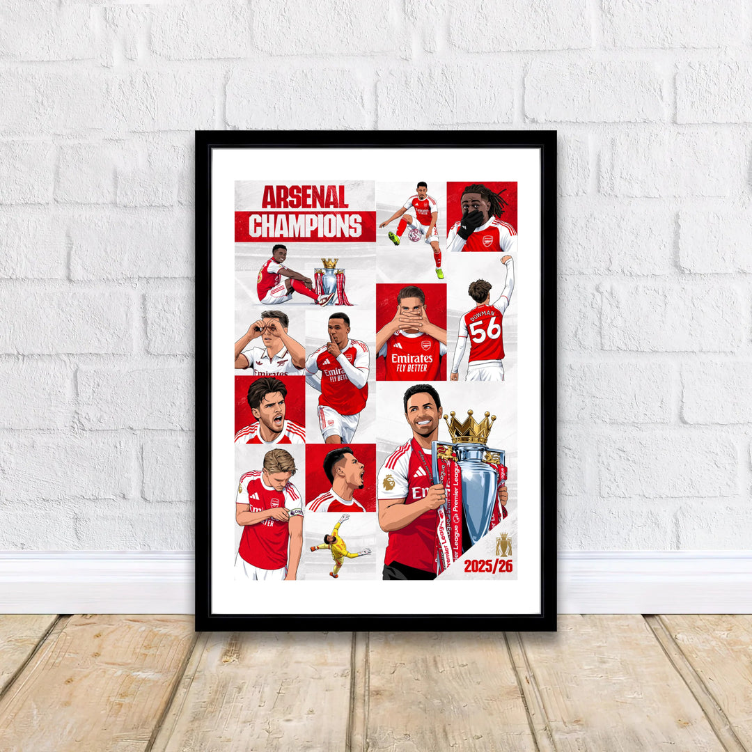 Detailed illustration of Mikel Arteta and Arsenal squad celebrating 2025/26 victory at Emirates Stadium, available as unframed prints, framed wall art, or canvas prints for home decor.