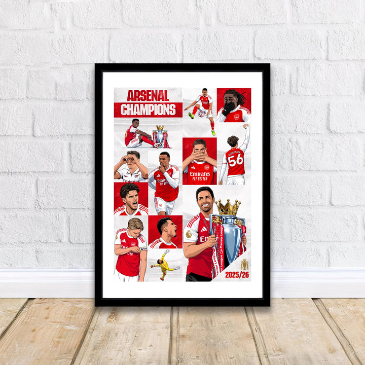 Detailed illustration of Mikel Arteta and Arsenal squad celebrating 2025/26 victory at Emirates Stadium, available as unframed prints, framed wall art, or canvas prints for home decor.