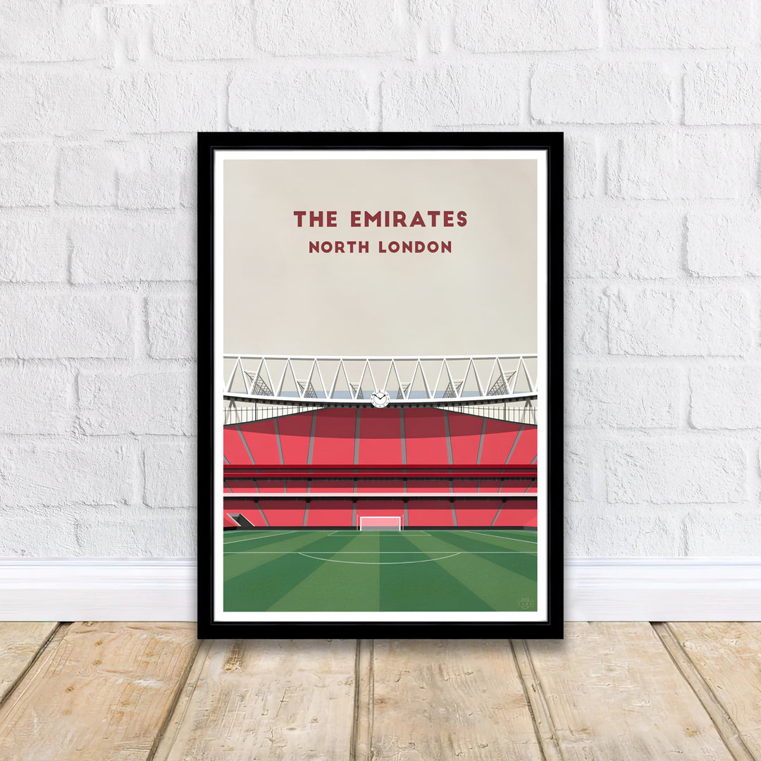 Vintage travel poster style Emirates Stadium print celebrating North London football architecture, available as unframed wall art, custom framed options, or stretched canvas decor.