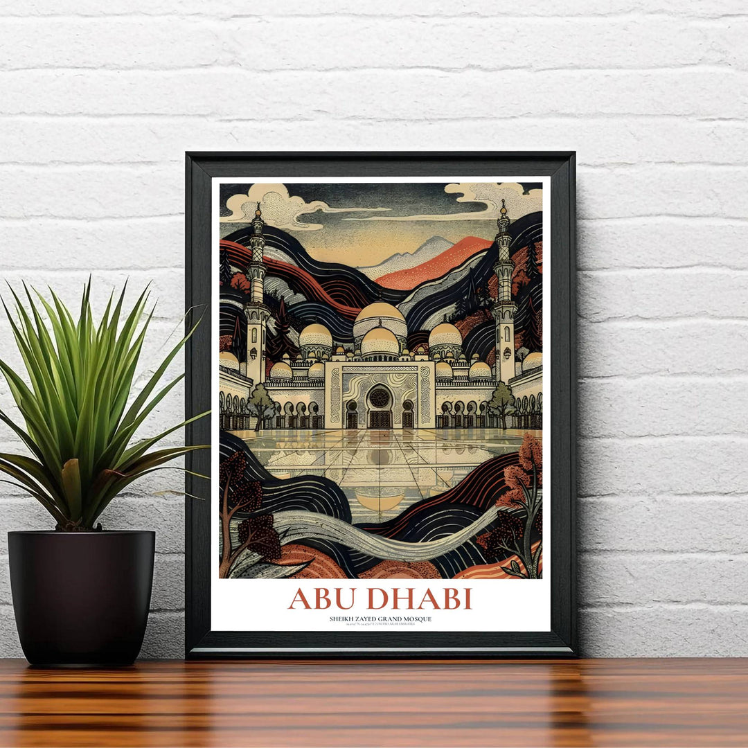 Detailed architectural linework print of Sheikh Zayed Mosque in Abu Dhabi framed by wavy landscape contours. Created by MapYourDreams, this artwork is available in flexible options including unframed paper, custom wooden frames, and gallery canvas wraps to elevate bedroom wall art.