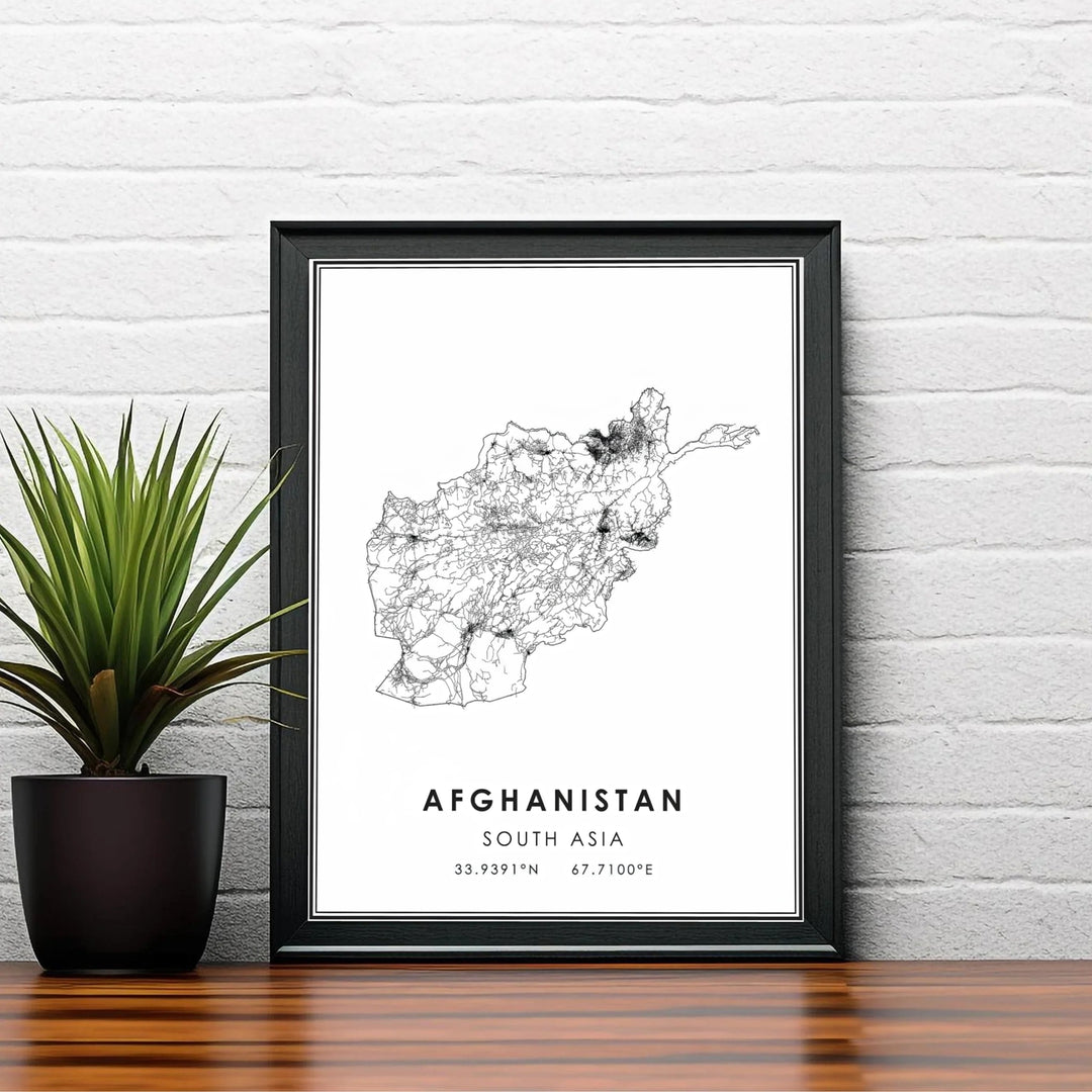 Architectural style Afghanistan country outline print featuring minimalist black line work and coordinates, offered by MapYourDreams as an unframed fine art print, stretched gallery canvas, or custom framed wall art decor for workspace and office gallery arrangements.