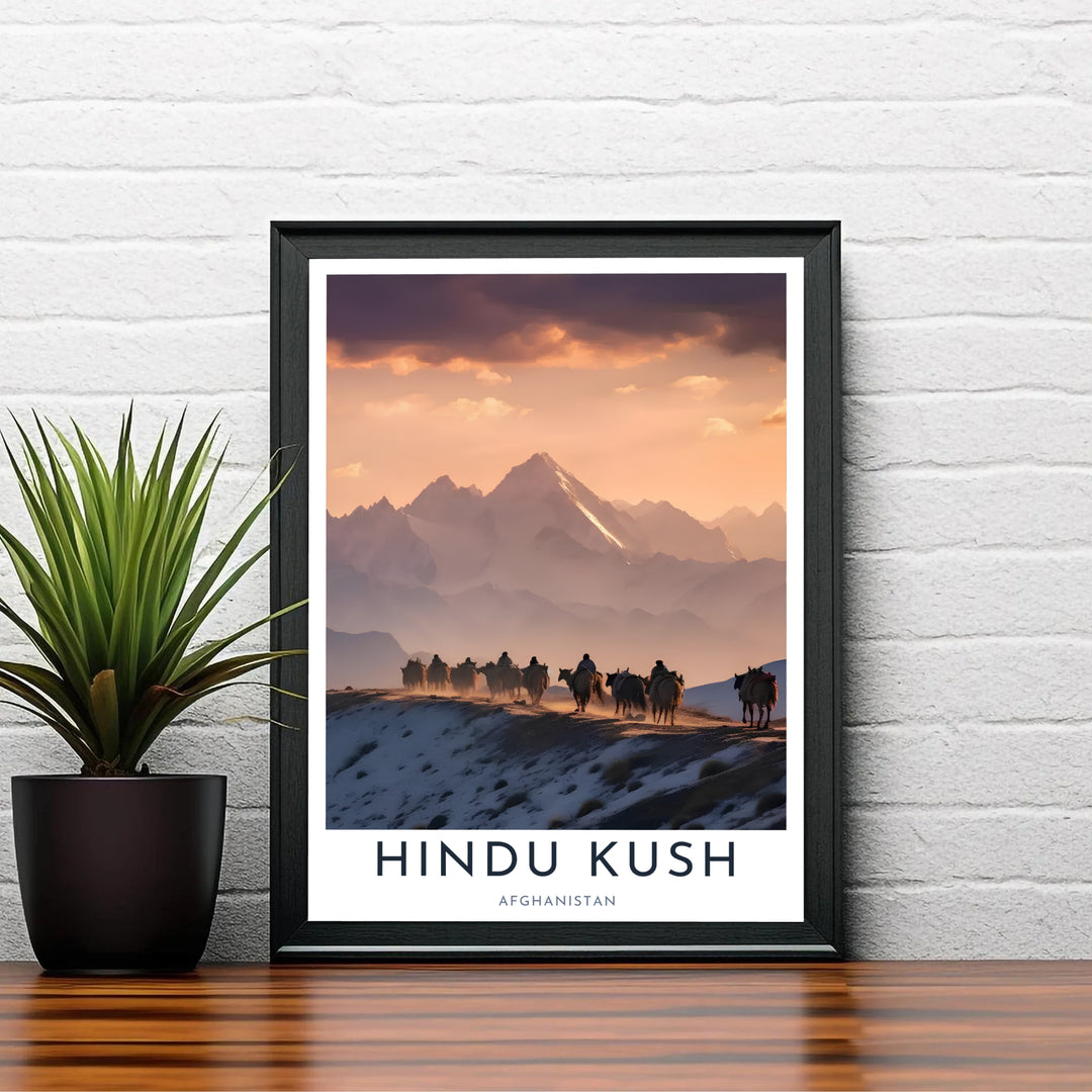South Asian mountain wall art of the Hindu Kush range in Afghanistan captured at sunset with silhouetted riders on a ridge, produced by MapYourDreams with choices including unframed poster prints, canvas wall decor, or custom framed prints in white, bronze, and silver frame selections.