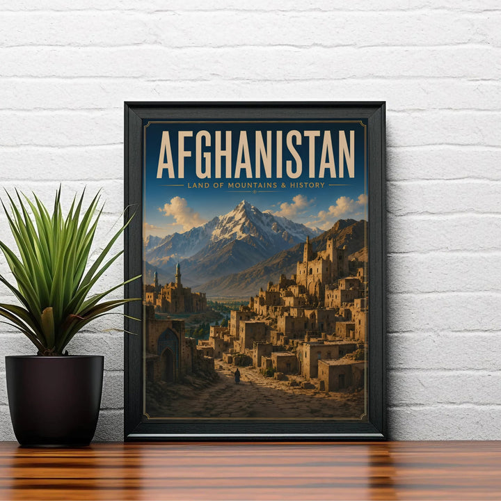 Travel poster wall decor of an ancient citadel in Afghanistan captured with warm terracotta tones and crisp mountain peaks, produced by MapYourDreams with choices including unframed poster prints, canvas wall decor, or custom framed prints in white, bronze, and silver frame selections.
