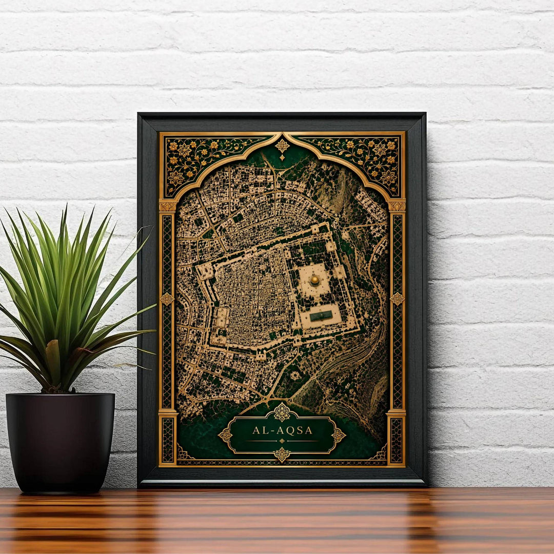 Emerald green and gold map artwork of Al-Aqsa Compound and surrounding Jerusalem Old City streets. Created by MapYourDreams, this artwork is available in flexible options including unframed paper, custom wooden frames, and gallery canvas wraps to elevate bedroom wall art.