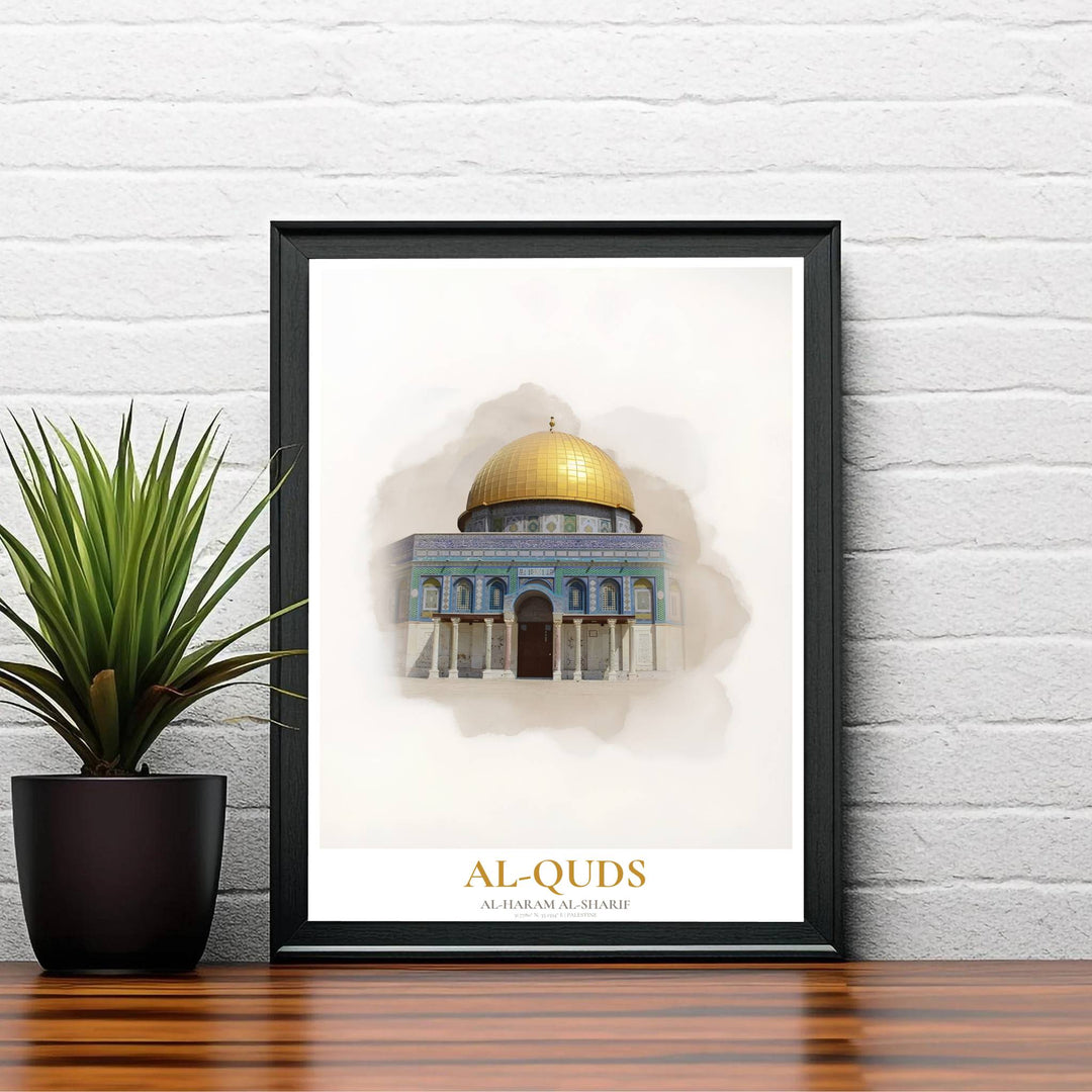 Elegant Al Aqsa Mosque watercolor illustration with warm sandstone and blue mosaic detail in Jerusalem Palestine. Created by MapYourDreams, this artwork is available in flexible options including unframed paper, custom wooden frames, and gallery canvas wraps for bedroom wall art.