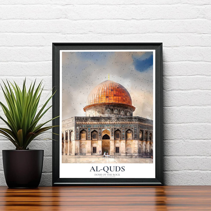 Elegant Al Aqsa Mosque watercolor illustration with warm sandstone textures and vibrant cobalt tilework in Jerusalem Palestine. Created by MapYourDreams, this artwork is available in flexible options including unframed paper, custom wooden frames, and gallery canvas wraps to elevate bedroom wall art.