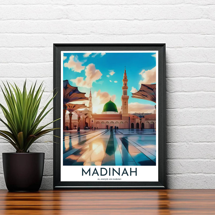 Elegant Madinah travel poster with emerald Green Dome and warm evening sky reflected on marble courtyard tiles. Created by MapYourDreams, this artwork is available in flexible options including unframed paper, custom wooden frames, and gallery canvas wraps to elevate bedroom wall art.
