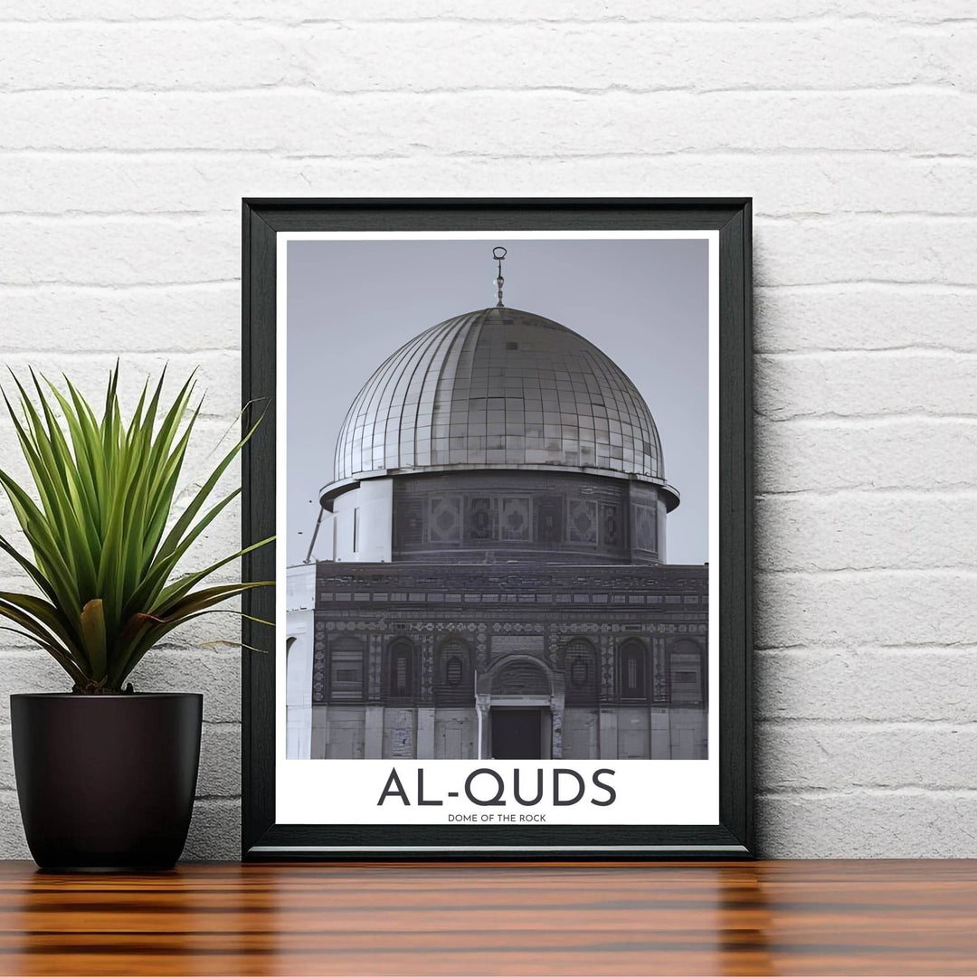 Elegant Al Quds Mosque black and white illustration with crisp contrast and detailed stone textures in Jerusalem Palestine. Created by MapYourDreams, this artwork is available in flexible options including unframed paper, custom wooden frames, and gallery canvas wraps for bedroom wall art.