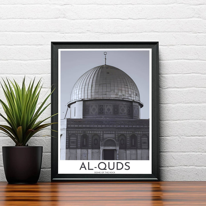 Elegant Al Quds Mosque black and white illustration with crisp contrast and detailed stone textures in Jerusalem Palestine. Created by MapYourDreams, this artwork is available in flexible options including unframed paper, custom wooden frames, and gallery canvas wraps for bedroom wall art.
