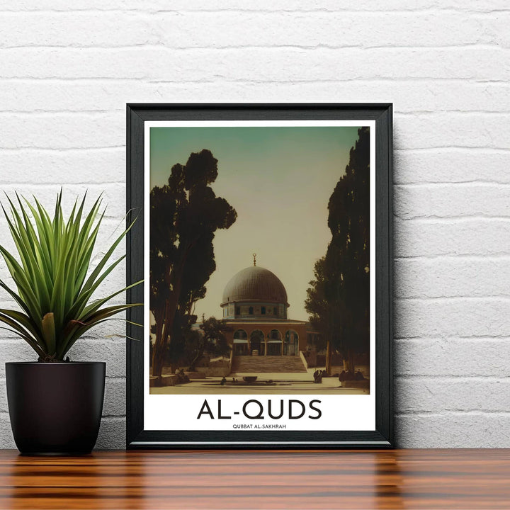 Elegant Al Quds Mosque vintage photo illustration with warm sepia tones and courtyard stone details in Jerusalem Palestine. Created by MapYourDreams, this artwork is available in flexible options including unframed paper, custom wooden frames, and gallery canvas wraps for bedroom wall art.