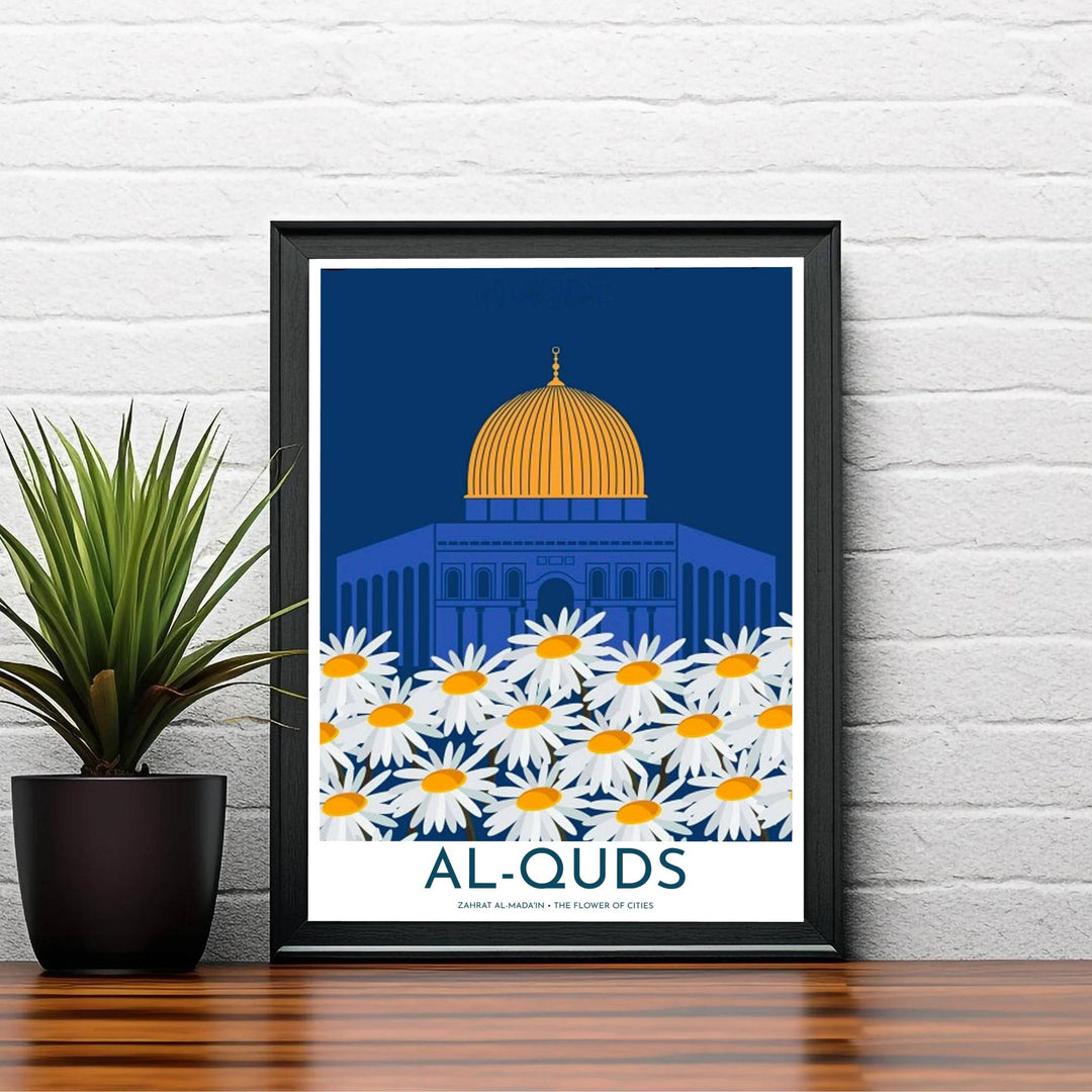 Elegant Al Quds Flower of Cities poster with vibrant cobalt blue background and golden dome details in Palestine. Created by MapYourDreams, this artwork is available in flexible options including unframed paper, custom wooden frames, and gallery canvas wraps for bedroom wall art.