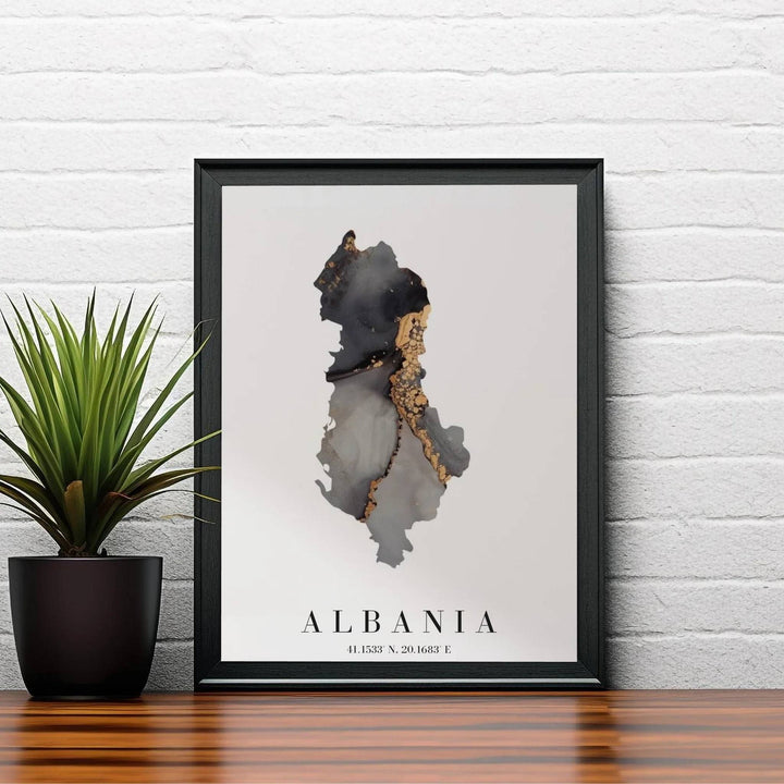 Elegant Albania map poster boasting rich smoke grey and gold fluid ink tones, ideal for luxury gallery wall arrangements, executive offices, or bedrooms. Offered by MapYourDreams, this artwork is available in flexible options including unframed paper, custom wooden frames, and gallery canvas wraps.