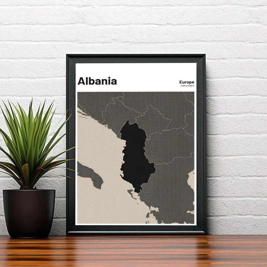 Elegant Albania map poster boasting deep charcoal black tones, ideal for urban loft wall decoration, executive offices, or contemporary living rooms. Offered by MapYourDreams, this artwork is available in flexible options including unframed paper, custom wooden frames, and gallery canvas wraps.
