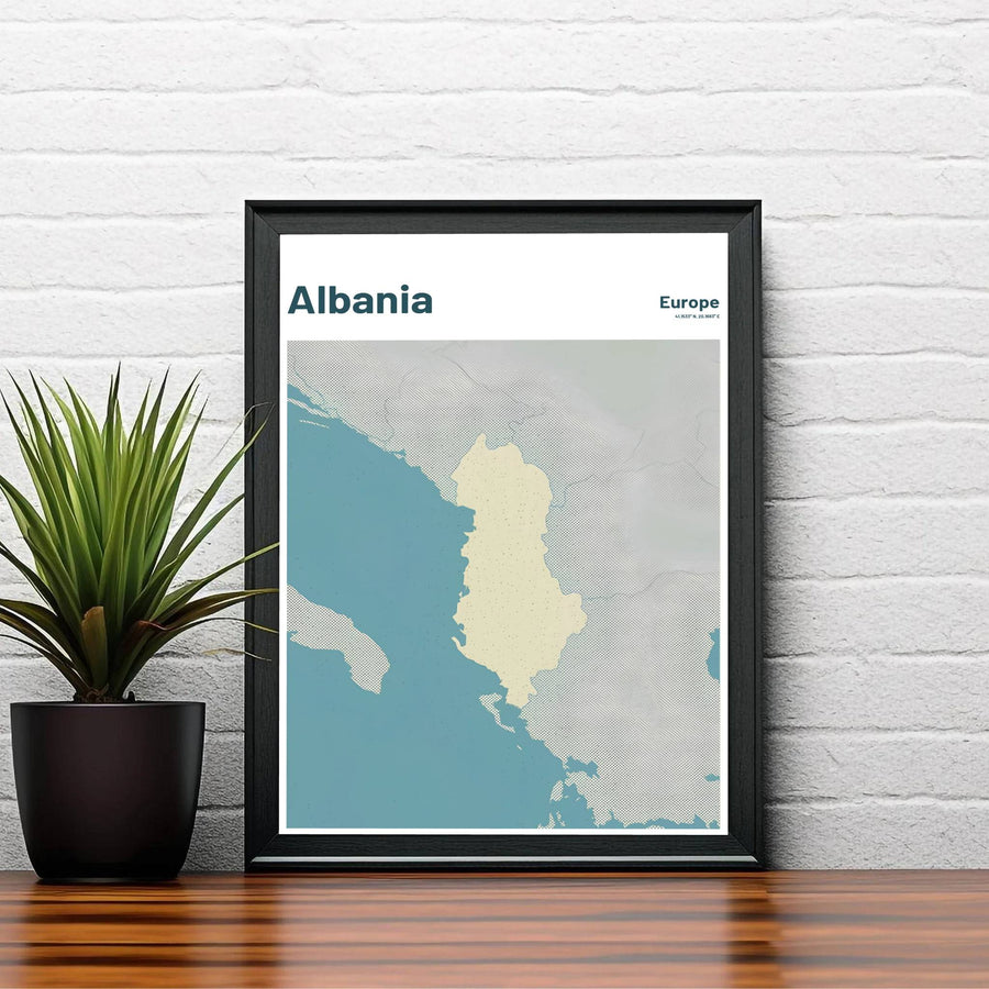 Elegant Albania map poster boasting serene vintage teal blue ocean tones, ideal for coastal beach house wall decoration, offices, or quiet bedrooms. Offered by MapYourDreams, this artwork is available in flexible options including unframed paper, custom wooden frames, and gallery canvas wraps.