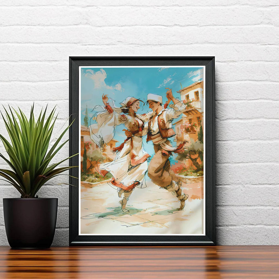 Elegant Albanian dance poster boasting bright crimson, gold, and cerulean blue tones, ideal for living room wall decoration or hallway displays. Offered by MapYourDreams, this artwork is available in flexible options including unframed paper, custom wooden frames, and gallery canvas wraps.