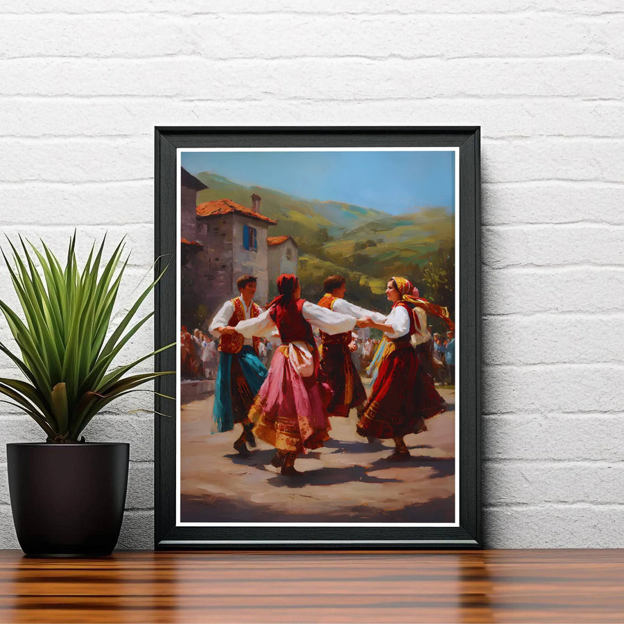 Elegant Albanian heritage poster boasting vibrant red skirts, golden embroidery, and blue sky tones, ideal for classic dining room or hallway decoration. Offered by MapYourDreams, this artwork is available in flexible options including unframed paper, custom wooden frames, and gallery canvas wraps.