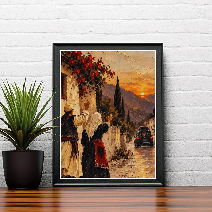Elegant Albanian heritage poster boasting vibrant red bougainvillea, golden light, and mountain shadows, ideal for classic dining room or entryway wall decoration. Offered by MapYourDreams, this artwork is available in flexible options including unframed paper, custom wooden frames, and gallery canvas wraps.