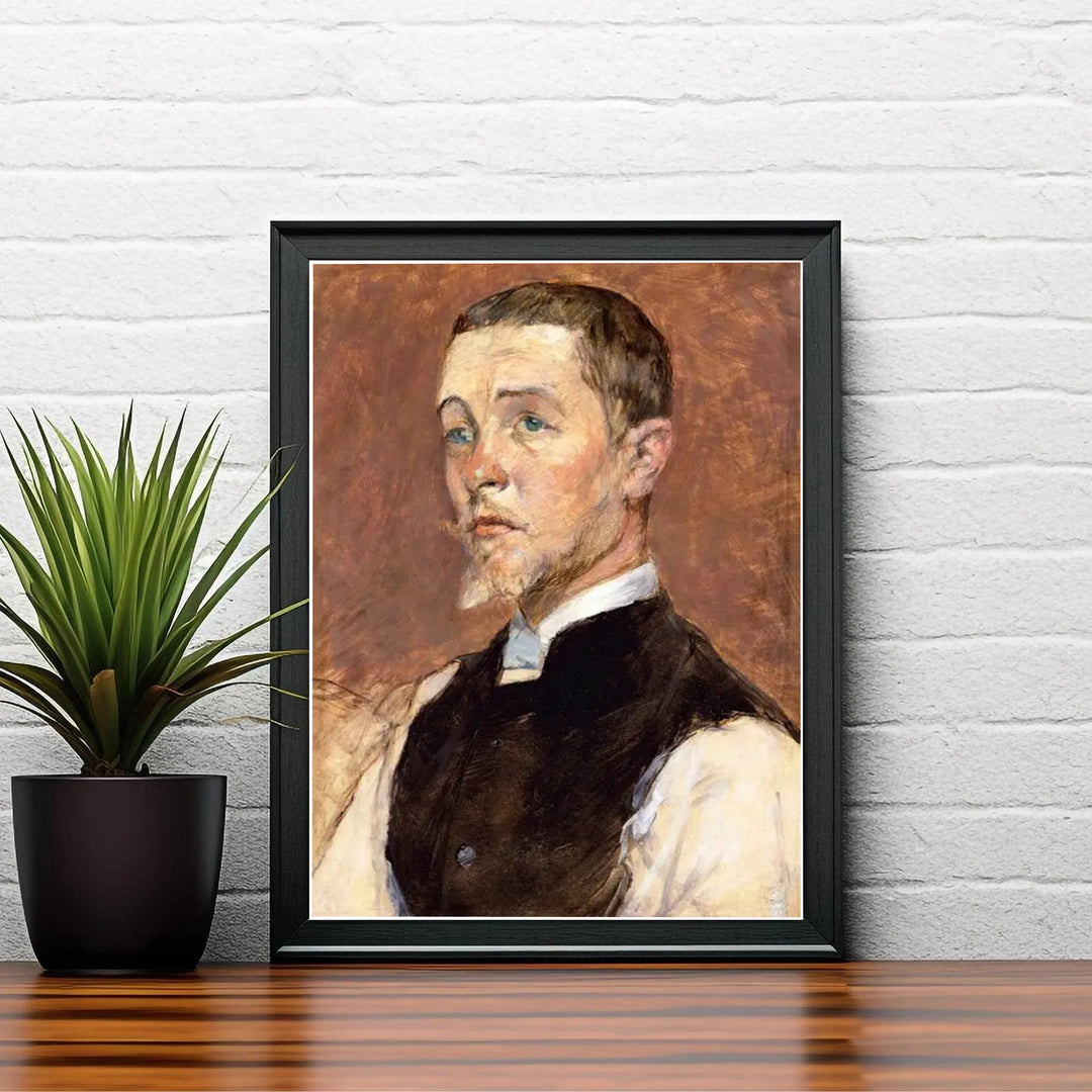 Vintage travel poster style oil portrait of René Grenier with light facial hair, set in Paris, France. Shop high-definition framed, unframed, and canvas art print choices directly at MapYourDreams.