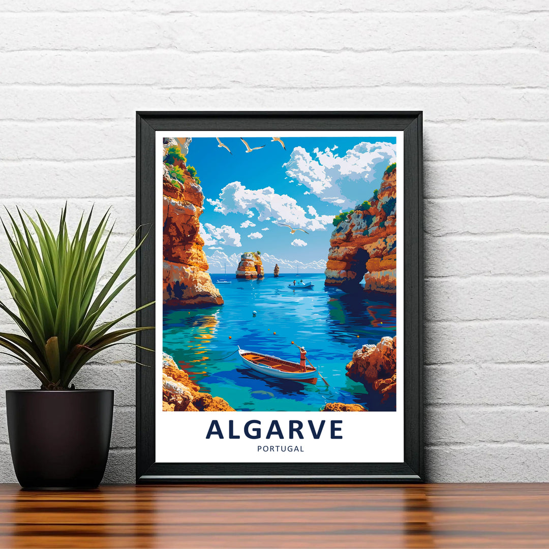 Soft sunlight washes across limestone cliff arches and calm sea waters in this detailed Algarve Portugal print highlighting top European beach spots. Sold as a canvas print, unframed art poster, or framed display piece.