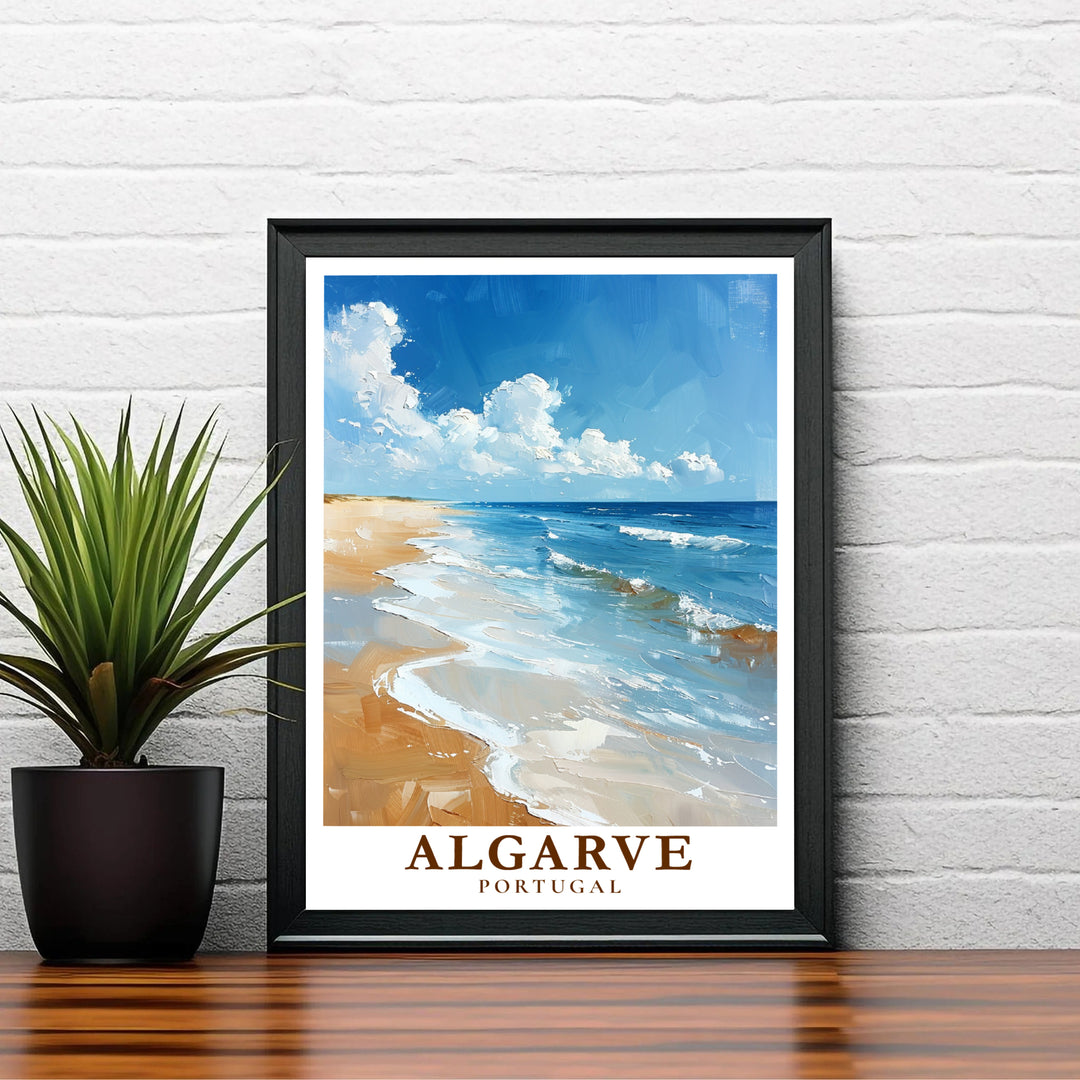 Rich cobalt blue and warm sunlit sand colors combine in this timeless Algarve Beach, Portugal travel poster design. Choose tailored framed, unframed, and canvas print options at MapYourDreams to complement your decor.