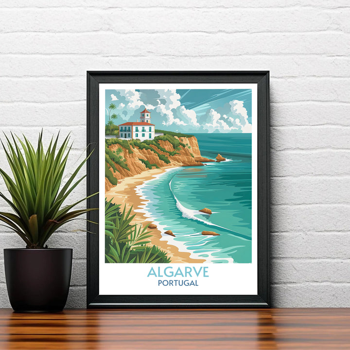 Graphic vector artwork showcases the serene beauty of the Portuguese coast in this Algarve wall decor print, shown framed in polished silver to suit contemporary home styling.