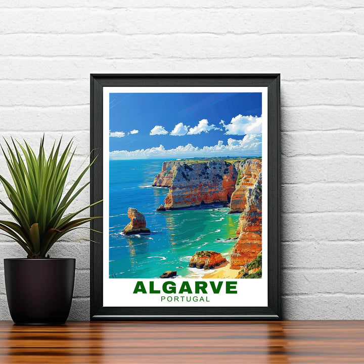 A sun-drenched Portuguese ocean bluff scene along the coast at Algarve Cliffs, Portugal highlights this travel poster print. Shop premium framed, unframed, and canvas options online today from MapYourDreams for wall spaces.