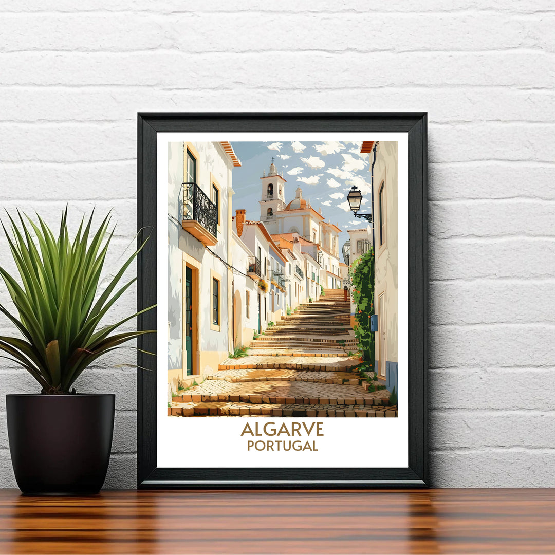 Warm ochre cobblestones and crisp white stucco colors combine in this timeless Faro Old Town, Portugal travel poster design. Choose tailored framed, unframed, and canvas print options at MapYourDreams to suit decor.