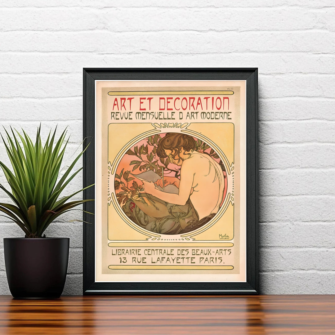 Scenic Paris illustration travel wall art Art Et Decoration by artist Alphonse Mucha highlighting 1897 Beaux-Arts lithograph at 13 Rue Lafayette Paris. MapYourDreams delivers archival framed, unframed paper, and gallery canvas prints.