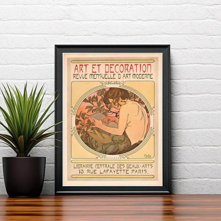 Scenic Paris illustration travel wall art Art Et Decoration by artist Alphonse Mucha highlighting 1897 Beaux-Arts lithograph at 13 Rue Lafayette Paris. MapYourDreams delivers archival framed, unframed paper, and gallery canvas prints.