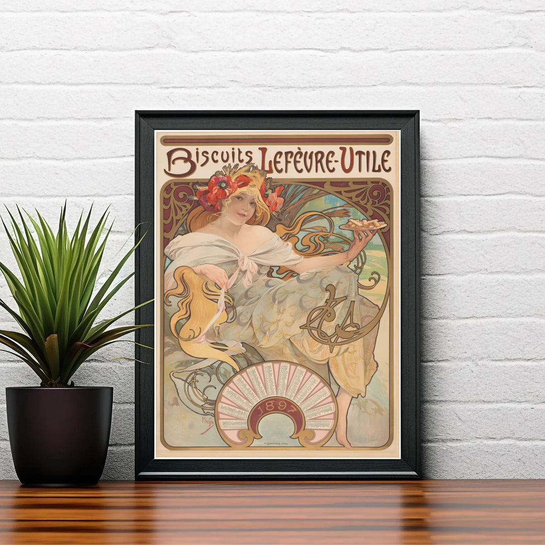 Scenic French illustration travel wall art Biscuits Lefevre Utile by artist Alphonse Mucha highlighting 1896 bakery artwork in Nantes France. MapYourDreams delivers archival framed, unframed paper, and gallery canvas prints.