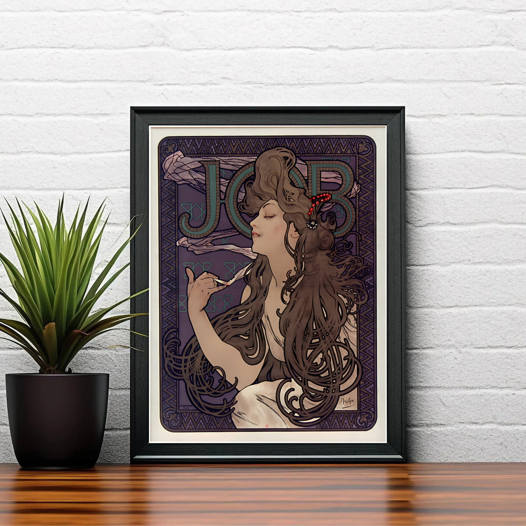 Scenic French illustration travel wall art JOB Cigarette Papers by artist Alphonse Mucha highlighting 1896 tobacco advertising artwork in Paris France. MapYourDreams delivers archival framed, unframed paper, and gallery canvas prints.
