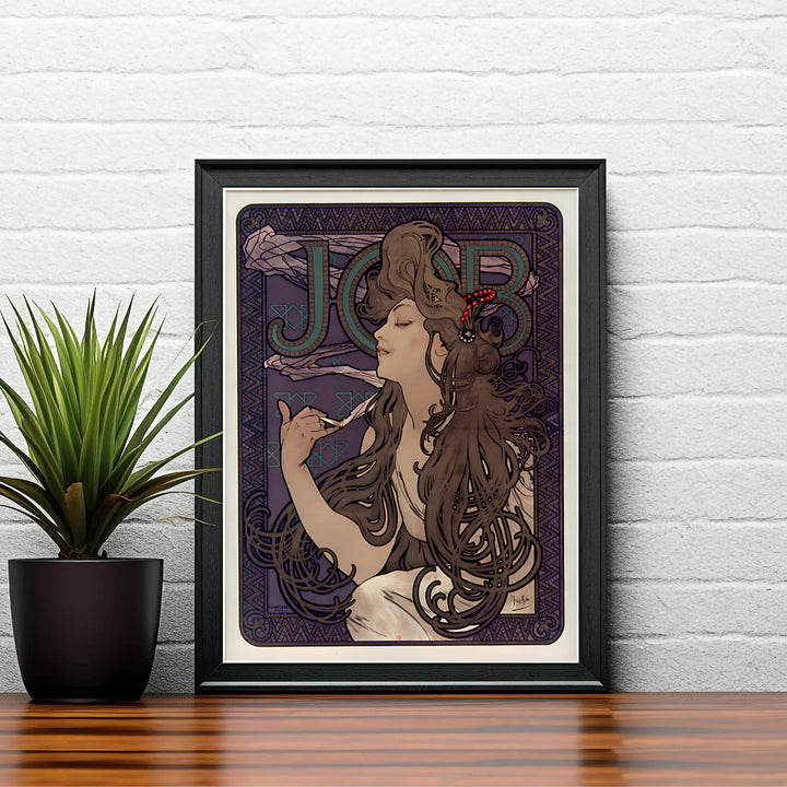 Scenic French illustration travel wall art JOB Cigarette Papers by artist Alphonse Mucha highlighting 1896 tobacco advertising artwork in Paris France. MapYourDreams delivers archival framed, unframed paper, and gallery canvas prints.