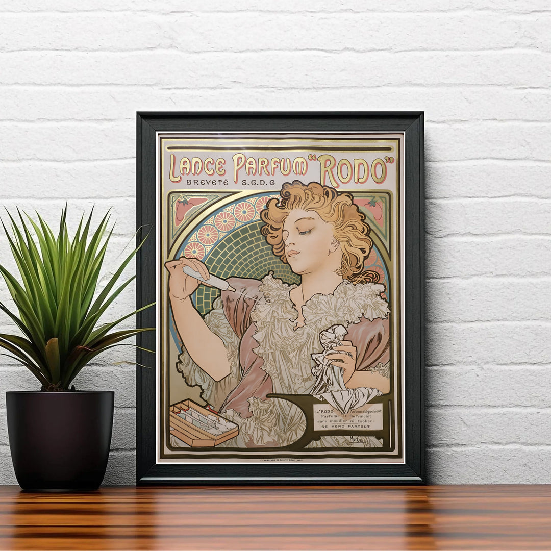 French Art Nouveau poster Lance Parfum Rodo by artist Alphonse Mucha showcasing a romantic female portrait in Paris France. Discover custom framed, unframed, and canvas print decor options at MapYourDreams.