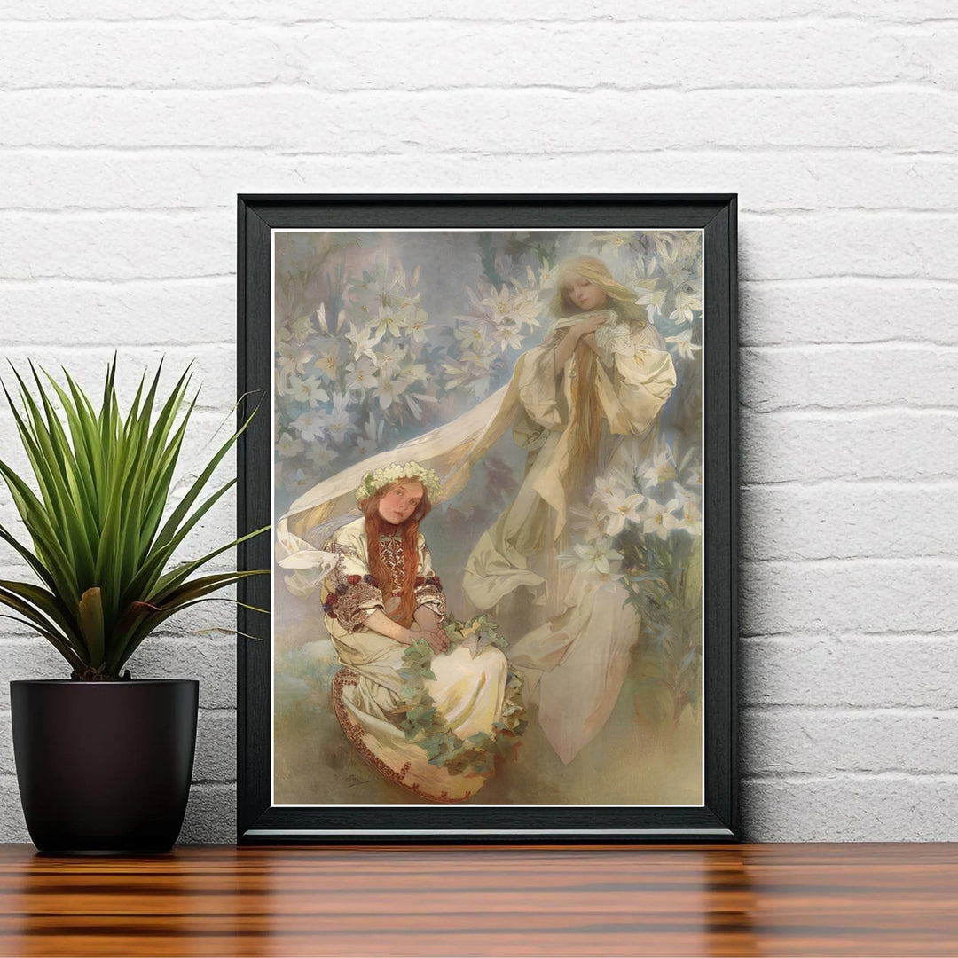 Scenic European illustration travel wall art Madonna Of The Lilies by artist Alphonse Mucha highlighting 1905 tempera painting artwork in Prague Bohemia. MapYourDreams delivers archival framed, unframed paper, and gallery canvas prints.