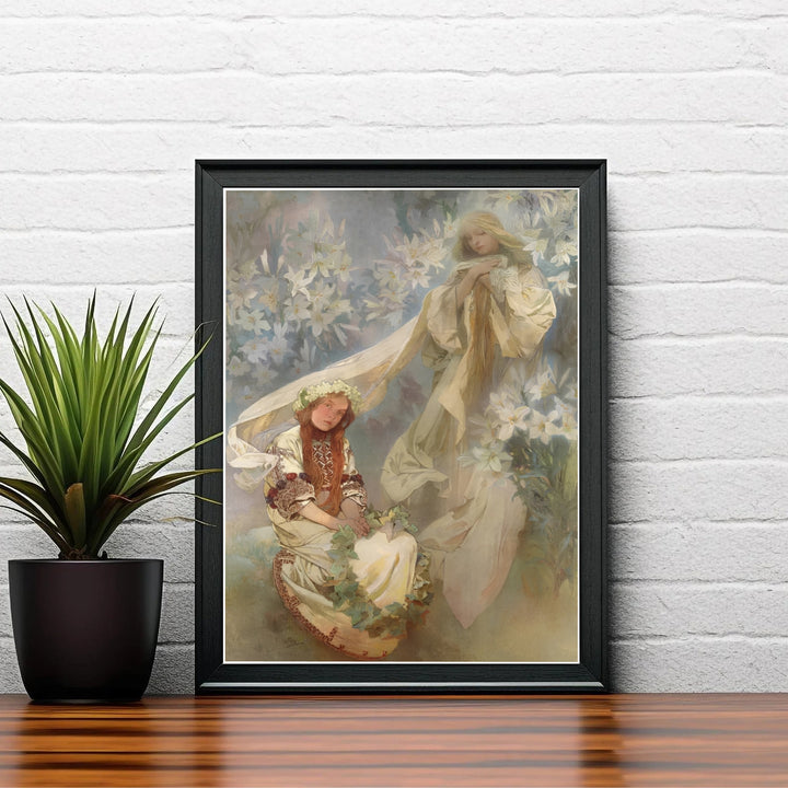 Scenic European illustration travel wall art Madonna Of The Lilies by artist Alphonse Mucha highlighting 1905 tempera painting artwork in Prague Bohemia. MapYourDreams delivers archival framed, unframed paper, and gallery canvas prints.