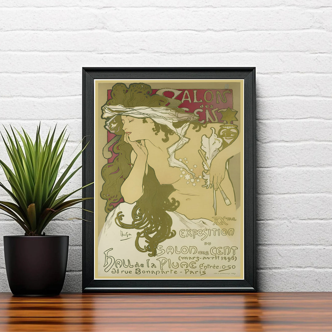 Vintage French lithograph wall art print Salon Des Cent by artist Alphonse Mucha created for La Plume gallery at 31 Rue Bonaparte Paris. MapYourDreams delivers archival framed, unframed paper, and gallery canvas prints.