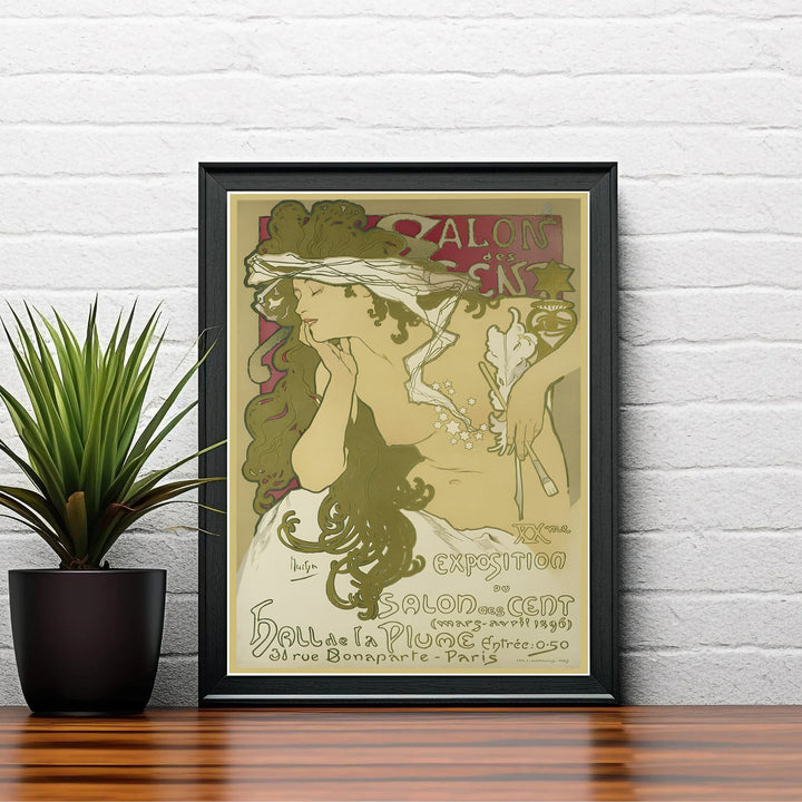 Vintage French lithograph wall art print Salon Des Cent by artist Alphonse Mucha created for La Plume gallery at 31 Rue Bonaparte Paris. MapYourDreams delivers archival framed, unframed paper, and gallery canvas prints.
