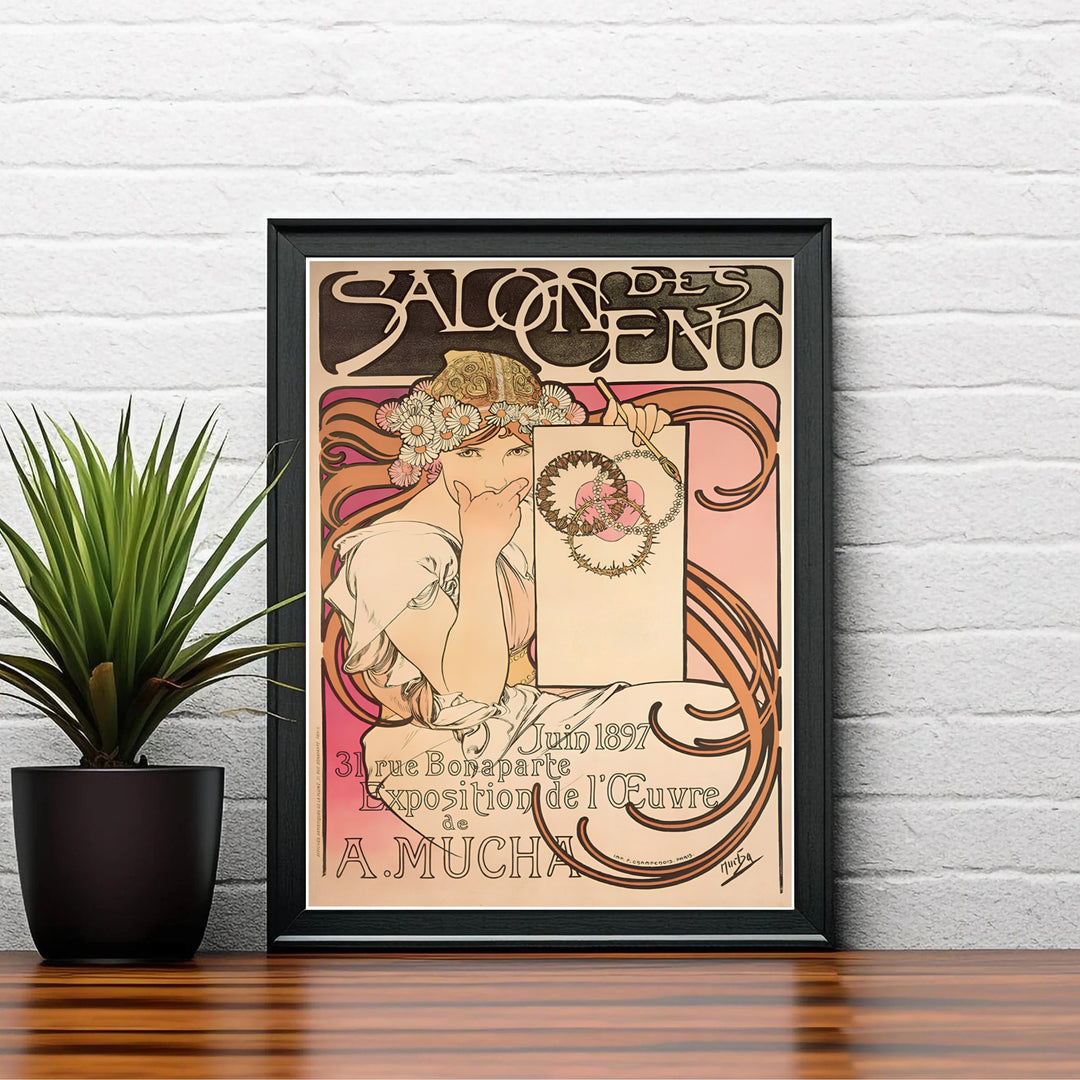Vintage French lithograph wall art print Salon Des Cent by artist Alphonse Mucha created for Exposition de l&