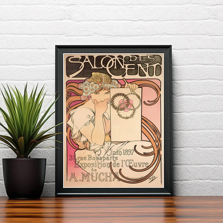 Vintage French lithograph wall art print Salon Des Cent by artist Alphonse Mucha created for Exposition de l&