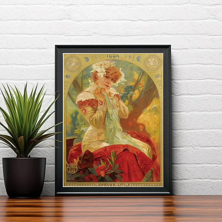 Floral Art Nouveau canvas print of Sarah Bernhardt by Alphonse Mucha set in Paris France, featuring versatile choices including unframed paper, gallery canvas, and high-end framed options from MapYourDreams.